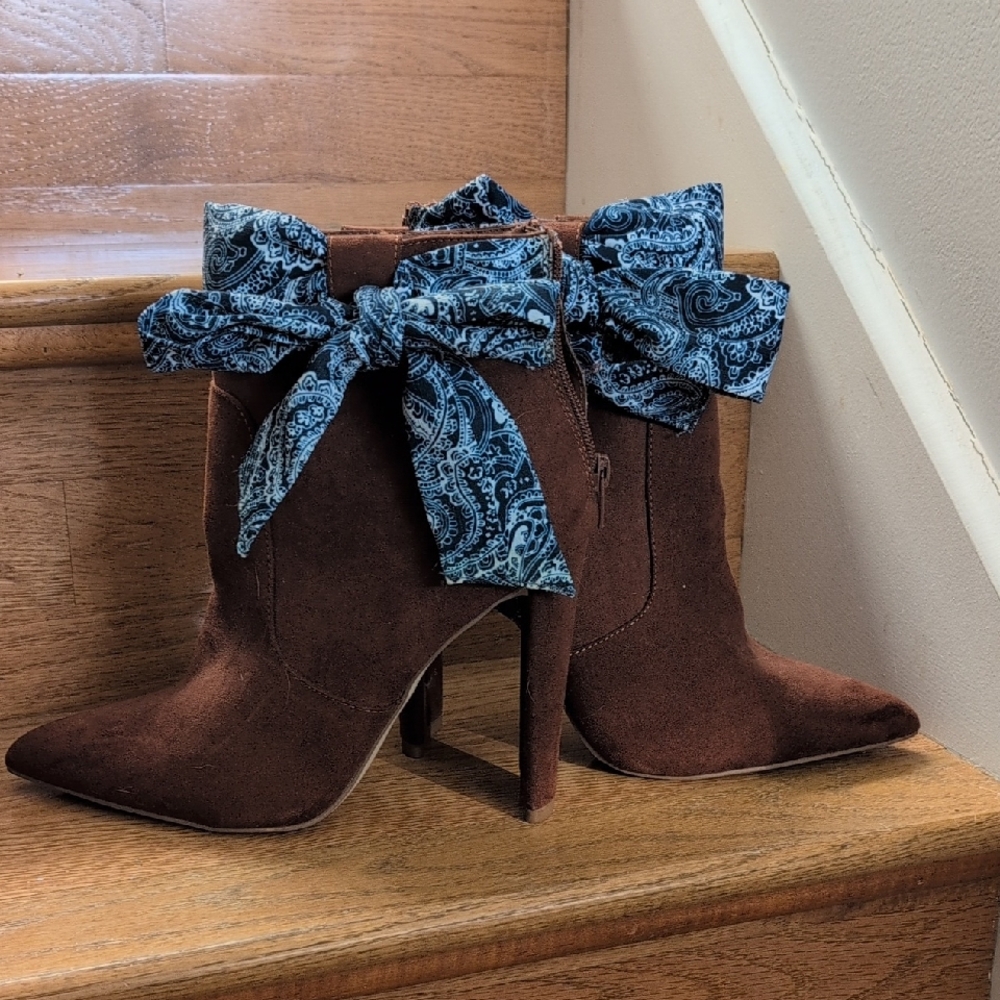 JustFab Brown Ankle Boots with Blue Paisley Bow